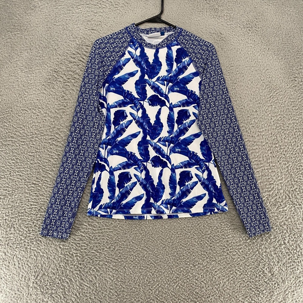 Cabana Life Rash Guard Swim‎ Shirt Womens Medium Blue Leaf Long Sleeve Tropical - Picture 2 of 13